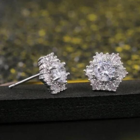 DIAMOND 925 STERLING SILVER HEXAGON EARRINGS, BEAUTIFUL EARRINGS, CUTE EARRINGS - Picture 3 of 5